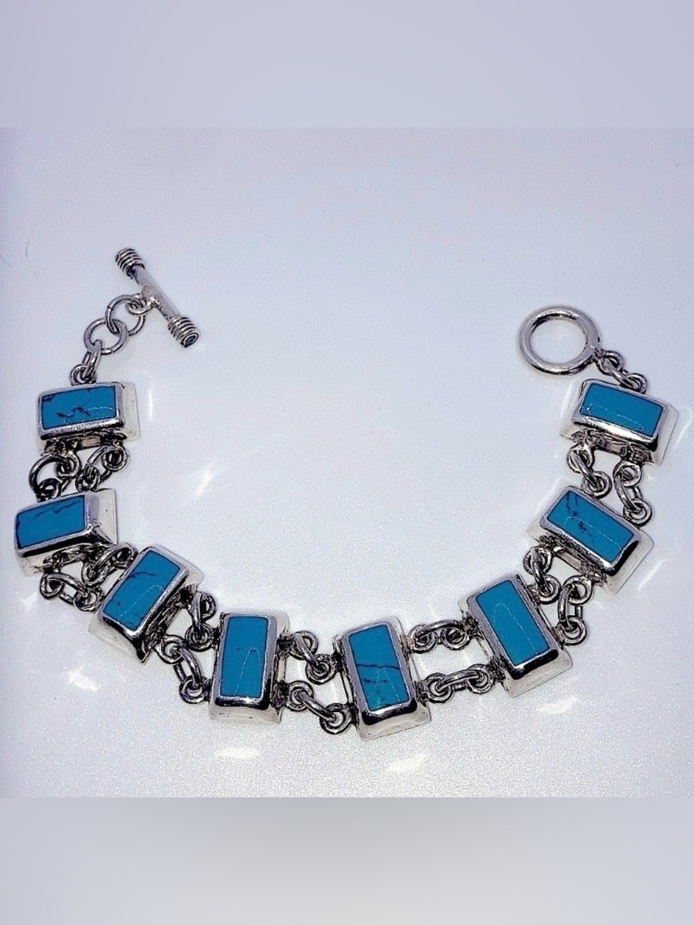Vtg Turquoise Sterling Rectangle Link Toggle Clasp Bracelet 7.5” / 37g - HEAVY